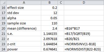 Power effect size Excel