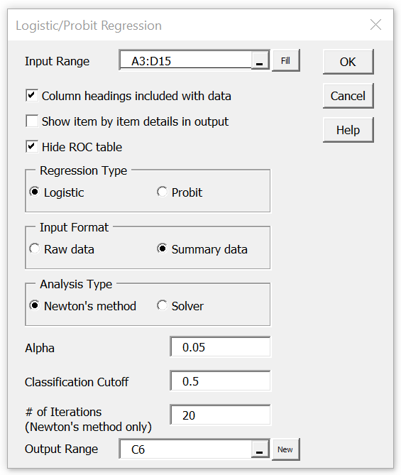 Logistic regression dialog box